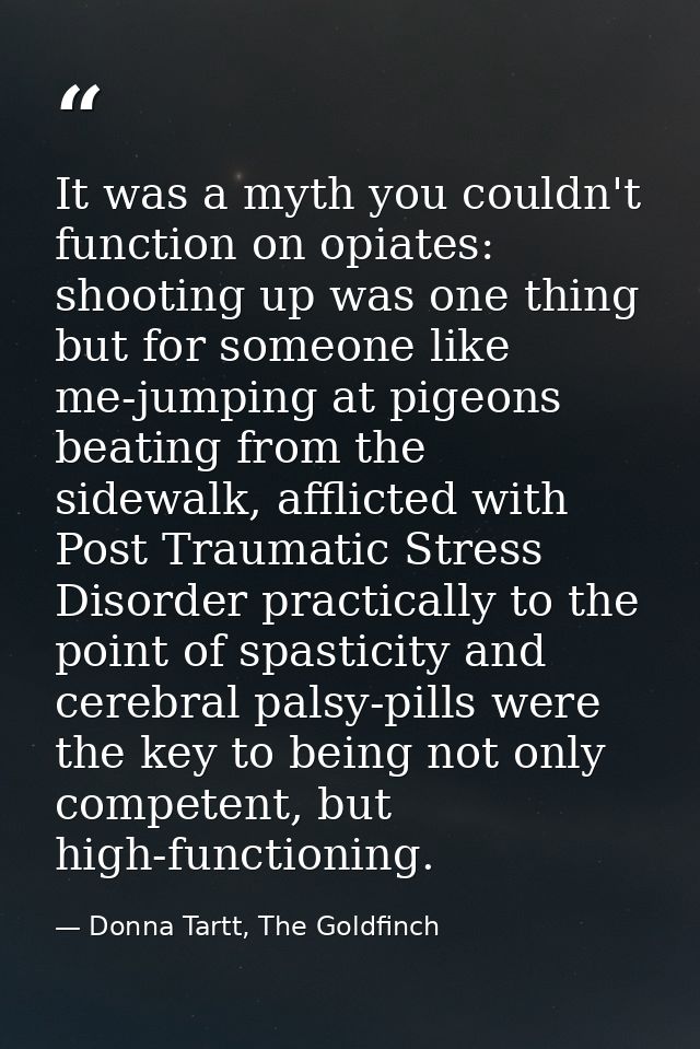 It was a myth you couldn't function on opiates: shooting up was one thing but for someone like me-jumping at pigeons bea — Donna Tartt, The Goldfinch