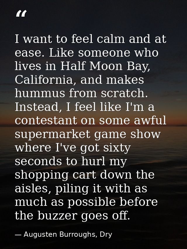I want to feel calm and at ease. Like someone who lives in Half Moon Bay, California, and makes hummus from scratch. Ins — Augusten Burroughs, Dry