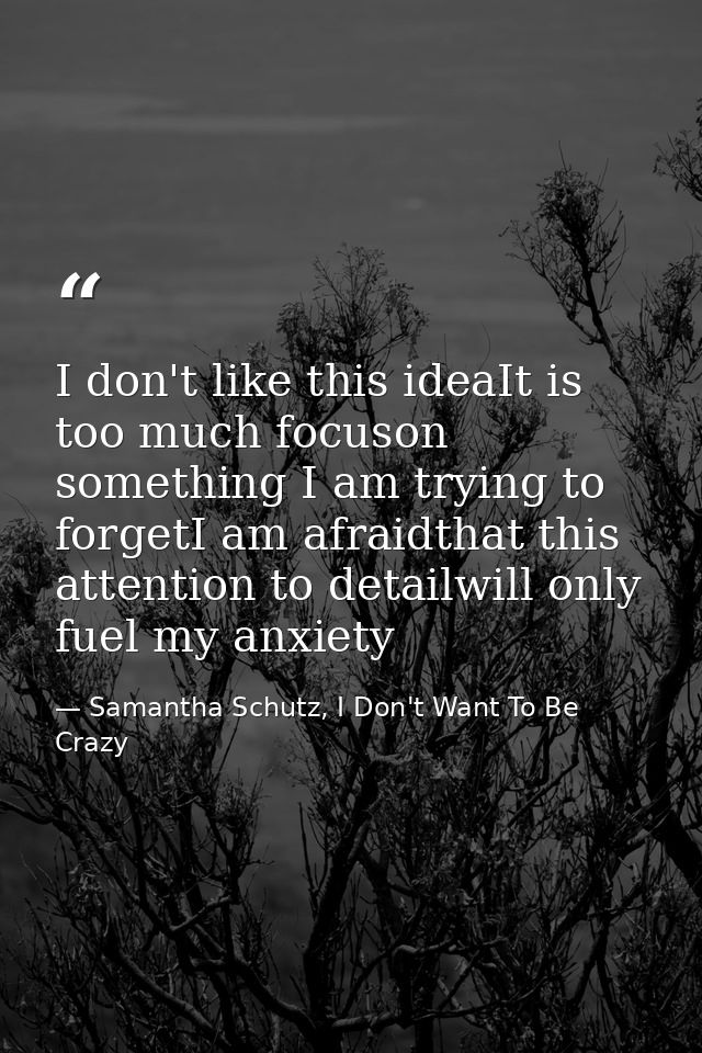 I don't like this ideaIt is too much focuson something I am trying to forgetI am afraidthat this attention to detailwill — Samantha Schutz, I Don't Want To Be Crazy