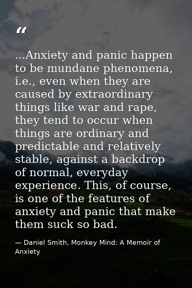 ...Anxiety and panic happen to be mundane phenomena, i.e., even when they are caused by extraordinary things like war an — Daniel Smith, Monkey Mind: A Memoir of Anxiety