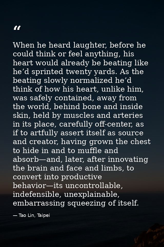 When he heard laughter, before he could think or feel anything, his heart would already be beating like he’d sprinted tw — Tao Lin, Taipei