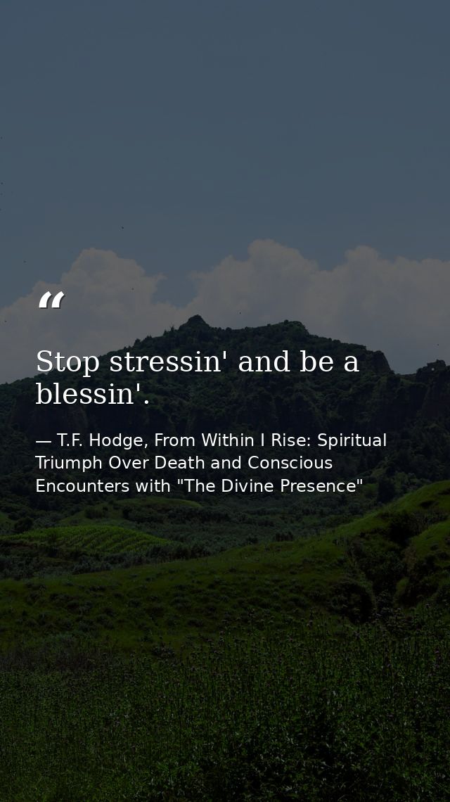 Stop stressin' and be a blessin'. — T.F. Hodge, From Within I Rise: Spiritual Triumph Over Death and Conscious Encounters with "The Divine Presence"