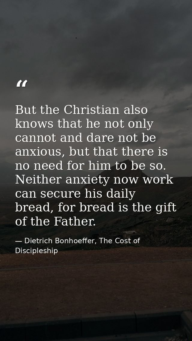 But the Christian also knows that he not only cannot and dare not be anxious, but that there is no need for him to be so — Dietrich Bonhoeffer, The Cost of Discipleship