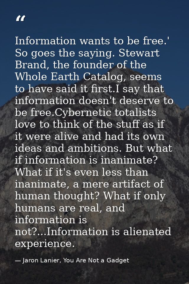 Information wants to be free.' So goes the saying. Stewart Brand, the founder of the Whole Earth Catalog, seems to have  — Jaron Lanier, You Are Not a Gadget