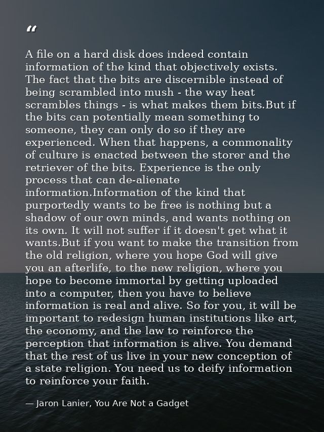 A file on a hard disk does indeed contain information of the kind that objectively exists. The fact that the bits are di — Jaron Lanier, You Are Not a Gadget
