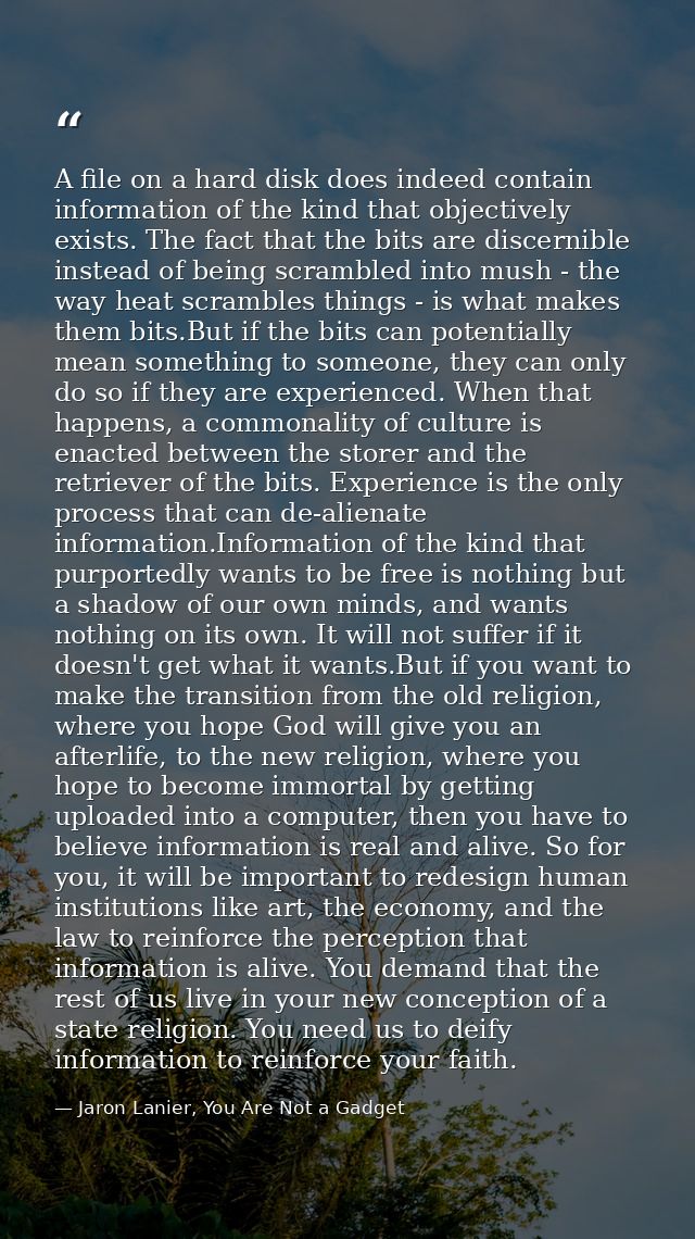 A file on a hard disk does indeed contain information of the kind that objectively exists. The fact that the bits are di — Jaron Lanier, You Are Not a Gadget