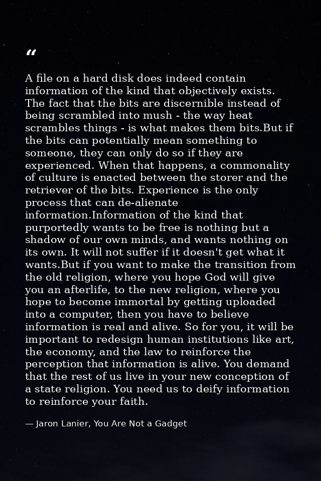 A file on a hard disk does indeed contain information of the kind that objectively exists. The fact that the bits are di — Jaron Lanier, You Are Not a Gadget