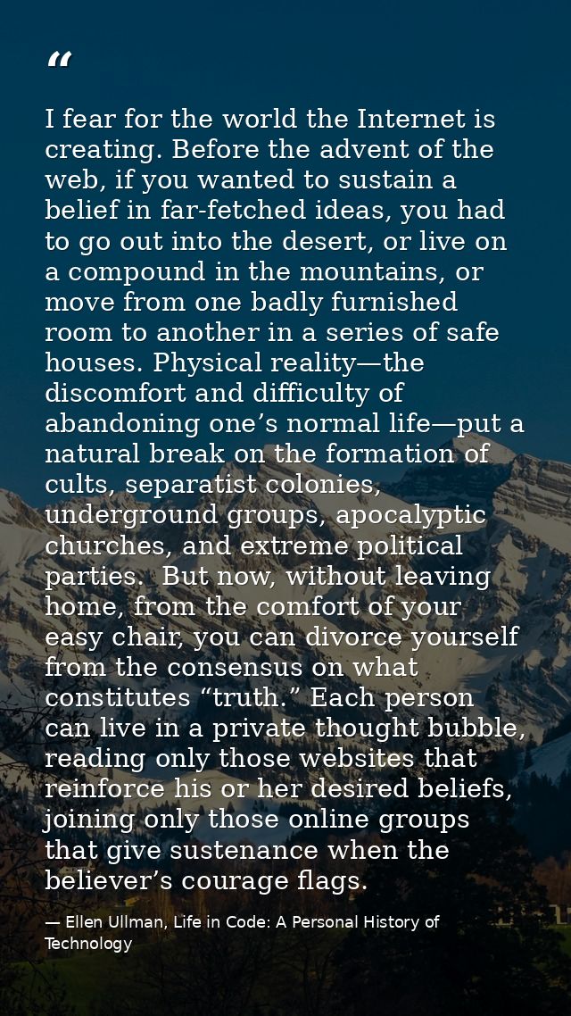 I fear for the world the Internet is creating. Before the advent of the web, if you wanted to sustain a belief in far-fe — Ellen Ullman, Life in Code: A Personal History of Technology