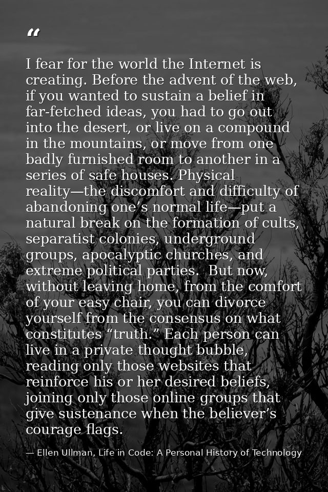 I fear for the world the Internet is creating. Before the advent of the web, if you wanted to sustain a belief in far-fe — Ellen Ullman, Life in Code: A Personal History of Technology