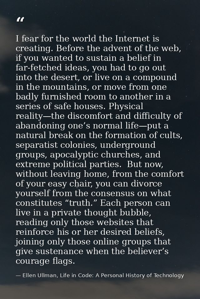 I fear for the world the Internet is creating. Before the advent of the web, if you wanted to sustain a belief in far-fe — Ellen Ullman, Life in Code: A Personal History of Technology