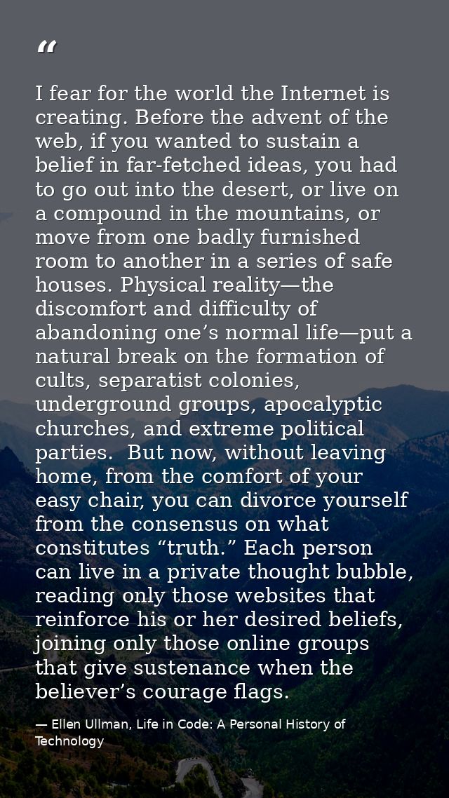 I fear for the world the Internet is creating. Before the advent of the web, if you wanted to sustain a belief in far-fe — Ellen Ullman, Life in Code: A Personal History of Technology