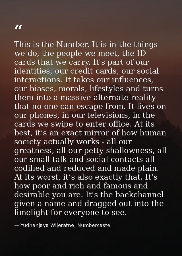 This is the Number. It is in the things we do, the people we meet, the ID cards that we carry. It's part of our identiti — Yudhanjaya Wijeratne, Numbercaste