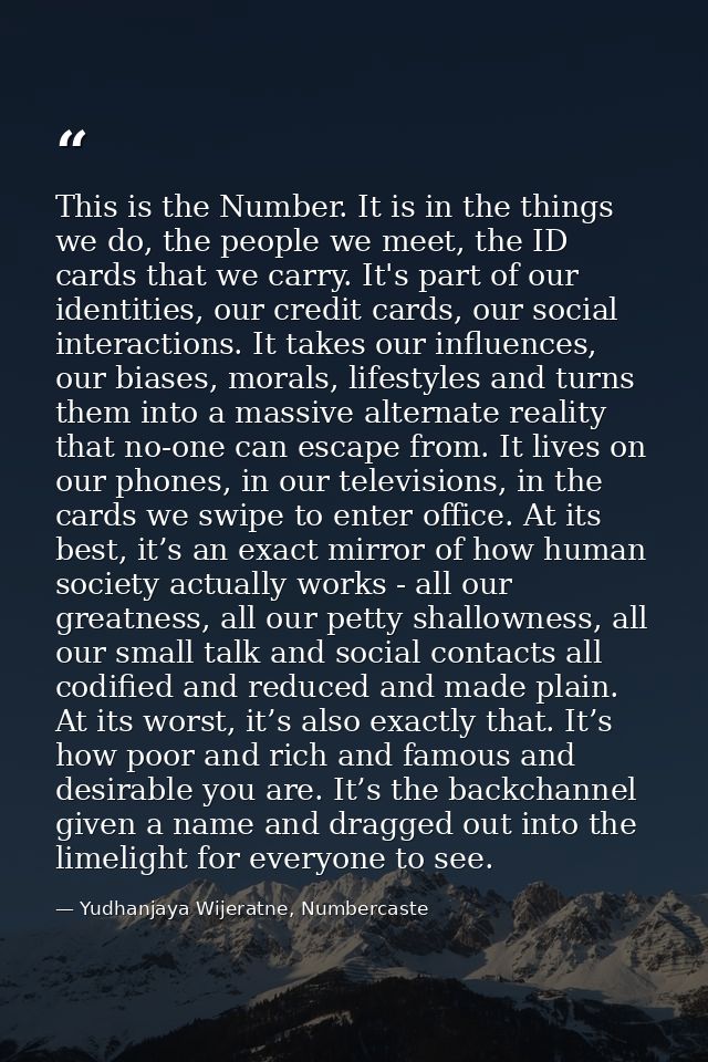 This is the Number. It is in the things we do, the people we meet, the ID cards that we carry. It's part of our identiti — Yudhanjaya Wijeratne, Numbercaste