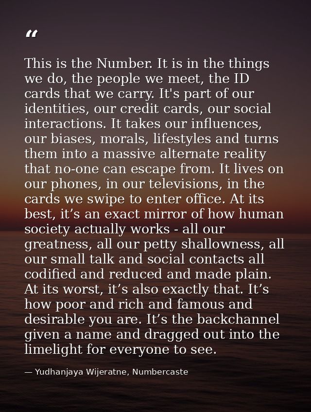 This is the Number. It is in the things we do, the people we meet, the ID cards that we carry. It's part of our identiti — Yudhanjaya Wijeratne, Numbercaste
