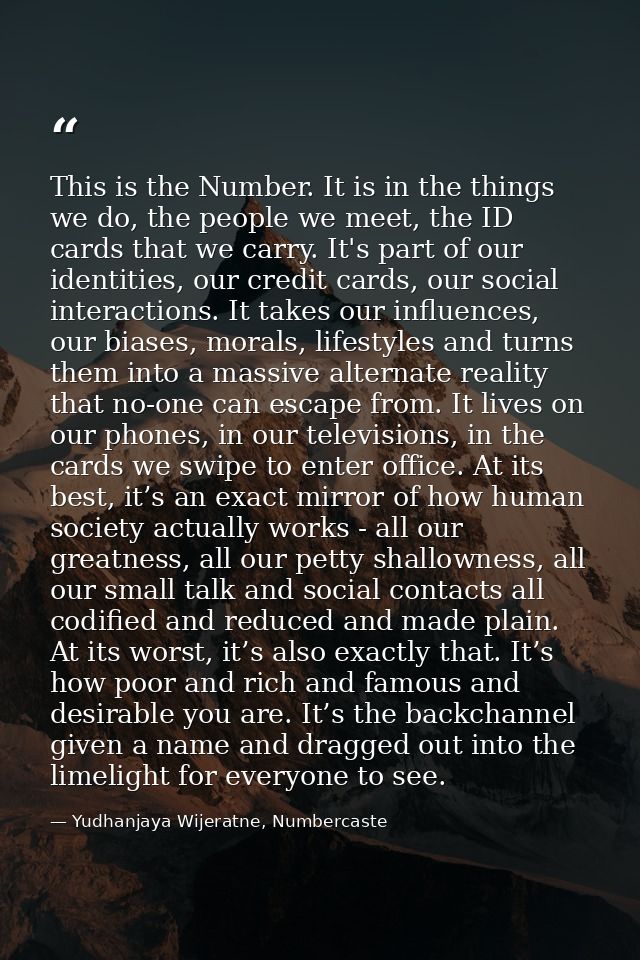 This is the Number. It is in the things we do, the people we meet, the ID cards that we carry. It's part of our identiti — Yudhanjaya Wijeratne, Numbercaste