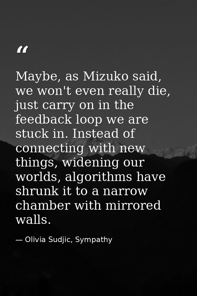 Maybe, as Mizuko said, we won't even really die, just carry on in the feedback loop we are stuck in. Instead of connecti — Olivia Sudjic, Sympathy