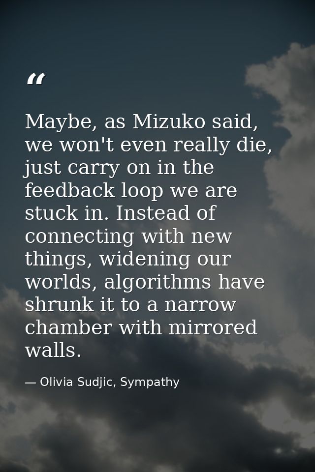 Maybe, as Mizuko said, we won't even really die, just carry on in the feedback loop we are stuck in. Instead of connecti — Olivia Sudjic, Sympathy