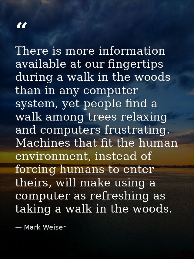 There is more information available at our fingertips during a walk in the woods than in any computer system, yet people — Mark Weiser