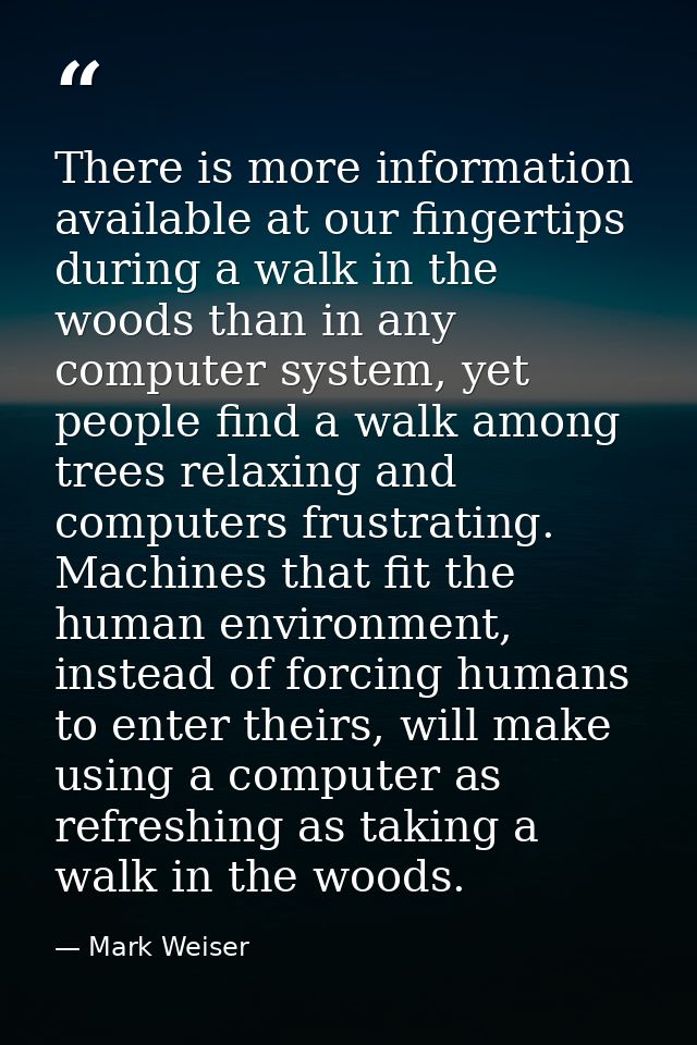 There is more information available at our fingertips during a walk in the woods than in any computer system, yet people — Mark Weiser