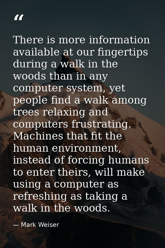 There is more information available at our fingertips during a walk in the woods than in any computer system, yet people — Mark Weiser
