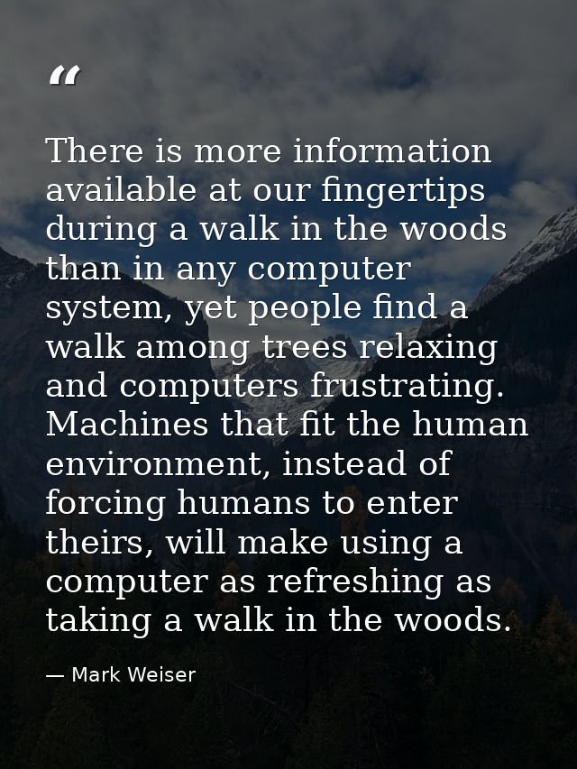 There is more information available at our fingertips during a walk in the woods than in any computer system, yet people — Mark Weiser