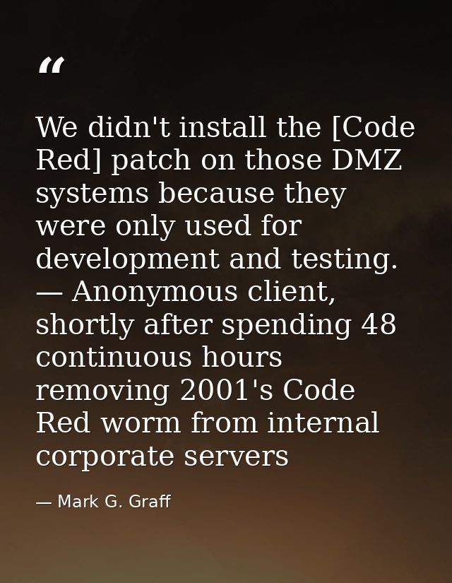 We didn't install the [Code Red] patch on those DMZ systems because they were only used for development and testing. — A — Mark G. Graff