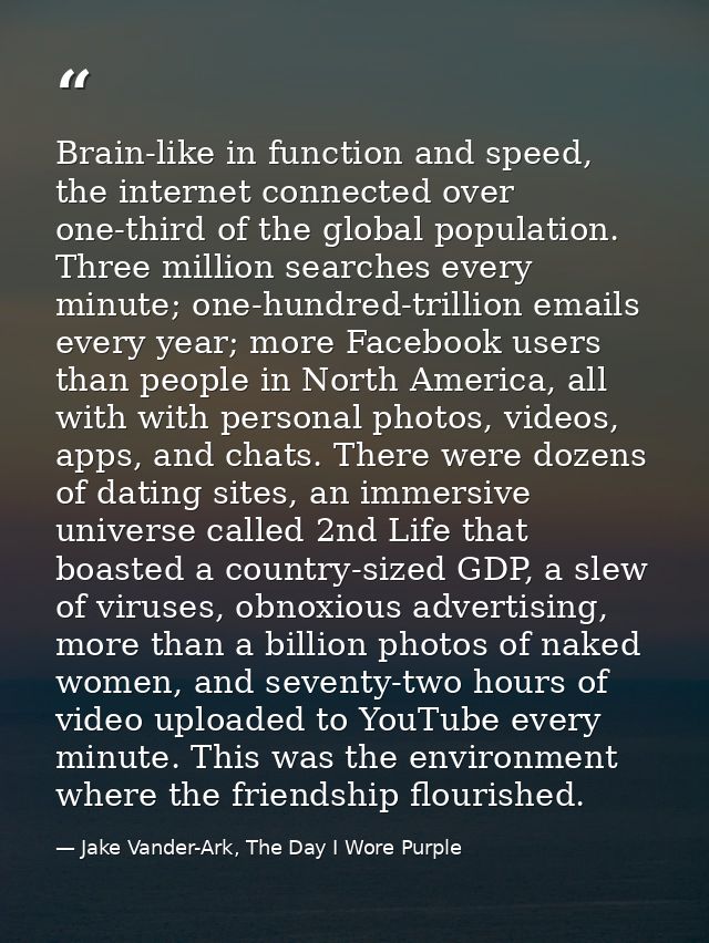 Brain-like in function and speed, the internet connected over one-third of the global population. Three million searches — Jake Vander-Ark, The Day I Wore Purple