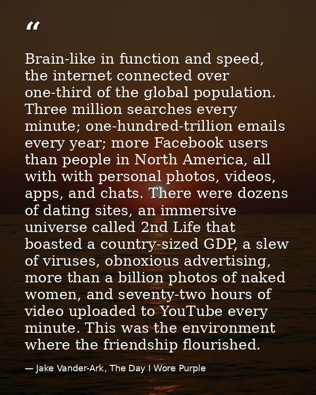 Brain-like in function and speed, the internet connected over one-third of the global population. Three million searches — Jake Vander-Ark, The Day I Wore Purple