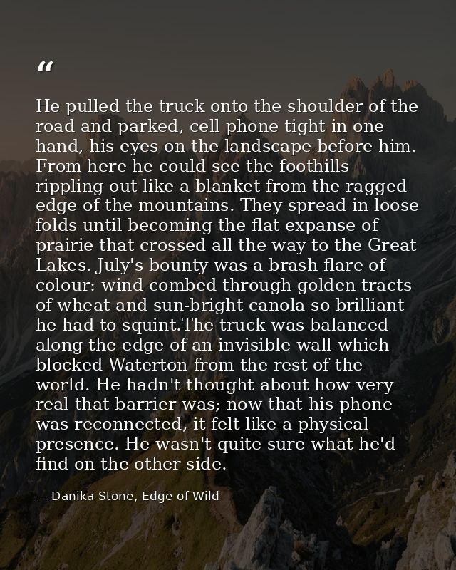 He pulled the truck onto the shoulder of the road and parked, cell phone tight in one hand, his eyes on the landscape be — Danika Stone, Edge of Wild