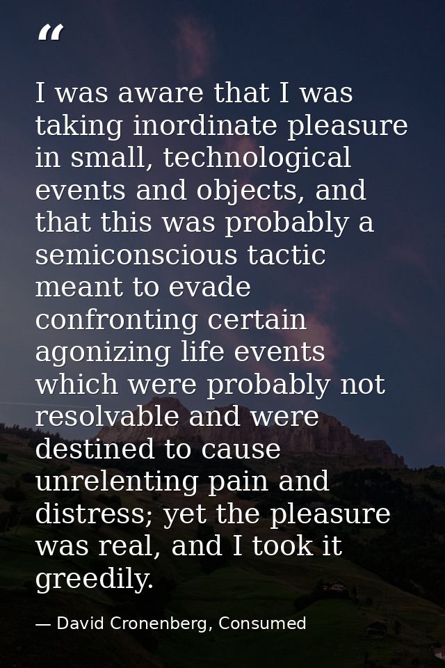 I was aware that I was taking inordinate pleasure in small, technological events and objects, and that this was probably — David Cronenberg, Consumed