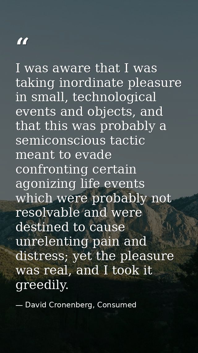 I was aware that I was taking inordinate pleasure in small, technological events and objects, and that this was probably — David Cronenberg, Consumed
