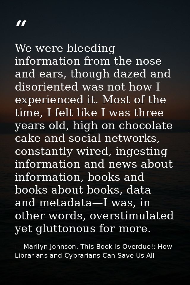 We were bleeding information from the nose and ears, though dazed and disoriented was not how I experienced it. Most of  — Marilyn Johnson, This Book Is Overdue!: How Librarians and Cybrarians Can Save Us All