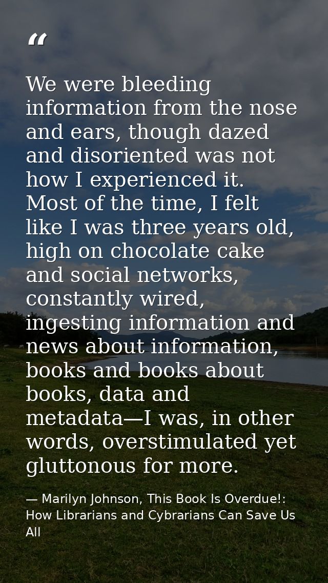We were bleeding information from the nose and ears, though dazed and disoriented was not how I experienced it. Most of  — Marilyn Johnson, This Book Is Overdue!: How Librarians and Cybrarians Can Save Us All