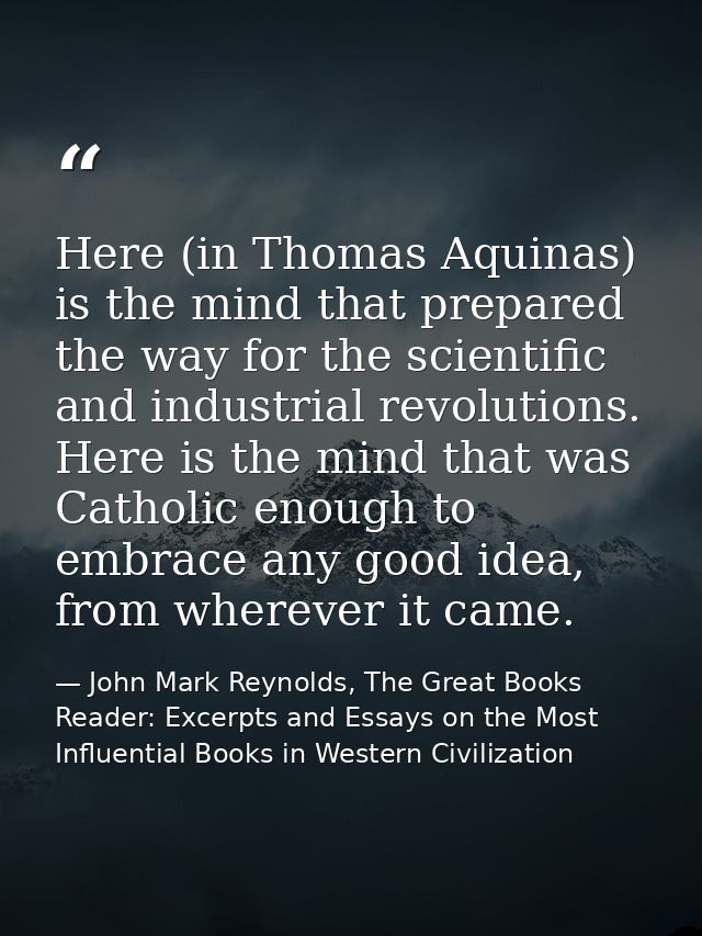 Here (in Thomas Aquinas) is the mind that prepared the way for the scientific and industrial revolutions. Here is the mi — John Mark Reynolds, The Great Books Reader: Excerpts and Essays on the Most Influential Books in Western Civilization