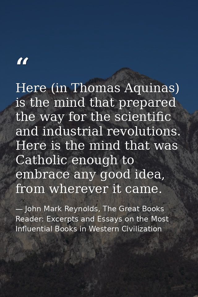Here (in Thomas Aquinas) is the mind that prepared the way for the scientific and industrial revolutions. Here is the mi — John Mark Reynolds, The Great Books Reader: Excerpts and Essays on the Most Influential Books in Western Civilization