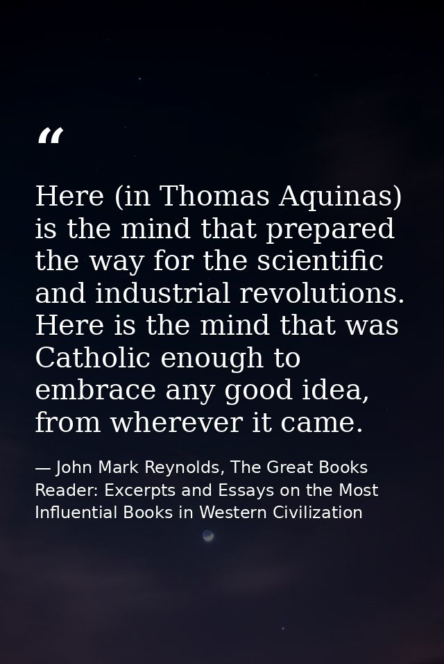 Here (in Thomas Aquinas) is the mind that prepared the way for the scientific and industrial revolutions. Here is the mi — John Mark Reynolds, The Great Books Reader: Excerpts and Essays on the Most Influential Books in Western Civilization