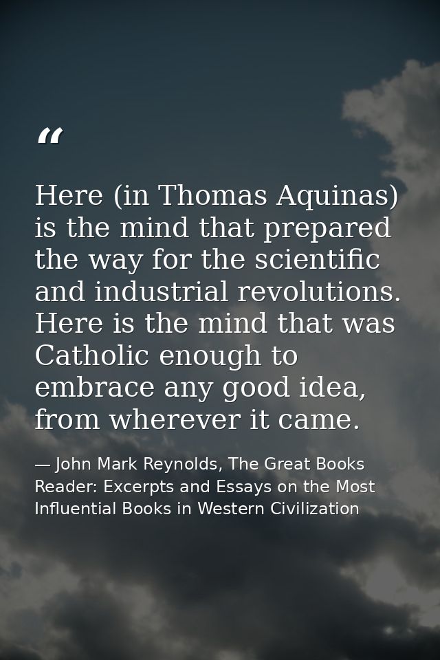 Here (in Thomas Aquinas) is the mind that prepared the way for the scientific and industrial revolutions. Here is the mi — John Mark Reynolds, The Great Books Reader: Excerpts and Essays on the Most Influential Books in Western Civilization