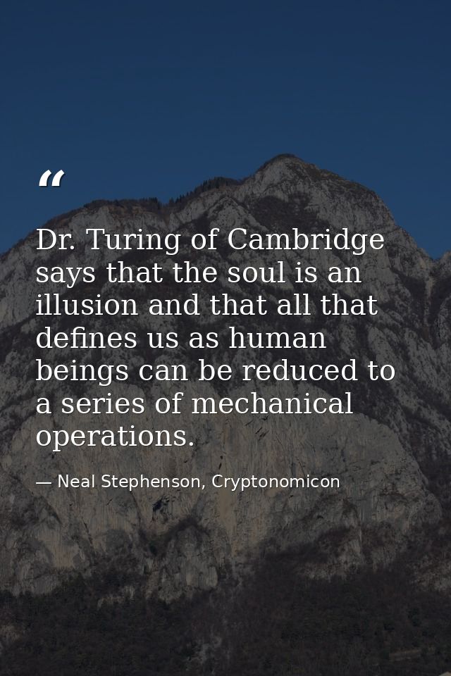 Dr. Turing of Cambridge says that the soul is an illusion and that all that defines us as human beings can be reduced to — Neal Stephenson, Cryptonomicon