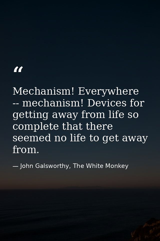 Mechanism! Everywhere -- mechanism! Devices for getting away from life so complete that there seemed no life to get away — John Galsworthy, The White Monkey