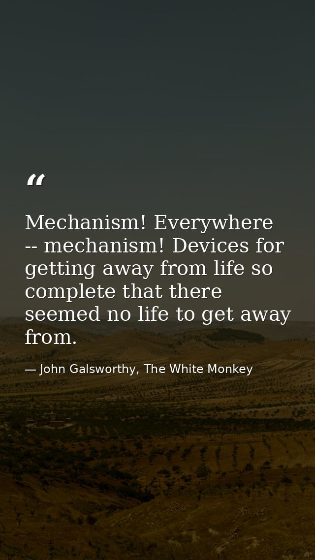 Mechanism! Everywhere -- mechanism! Devices for getting away from life so complete that there seemed no life to get away — John Galsworthy, The White Monkey