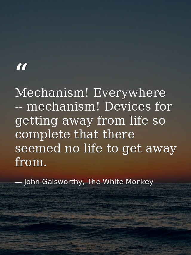 Mechanism! Everywhere -- mechanism! Devices for getting away from life so complete that there seemed no life to get away — John Galsworthy, The White Monkey