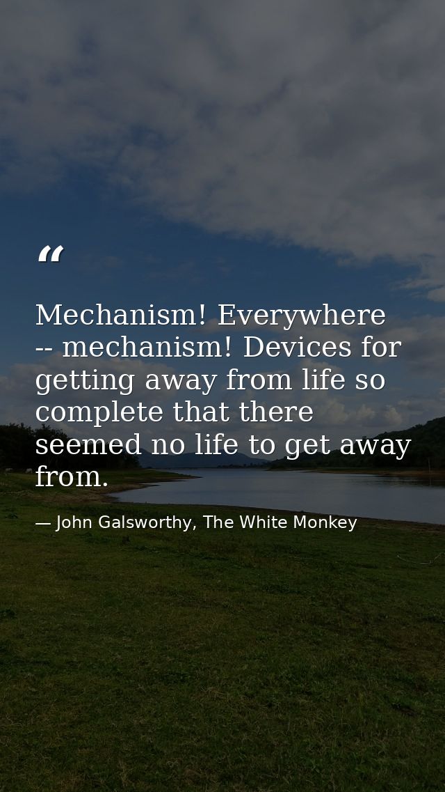 Mechanism! Everywhere -- mechanism! Devices for getting away from life so complete that there seemed no life to get away — John Galsworthy, The White Monkey
