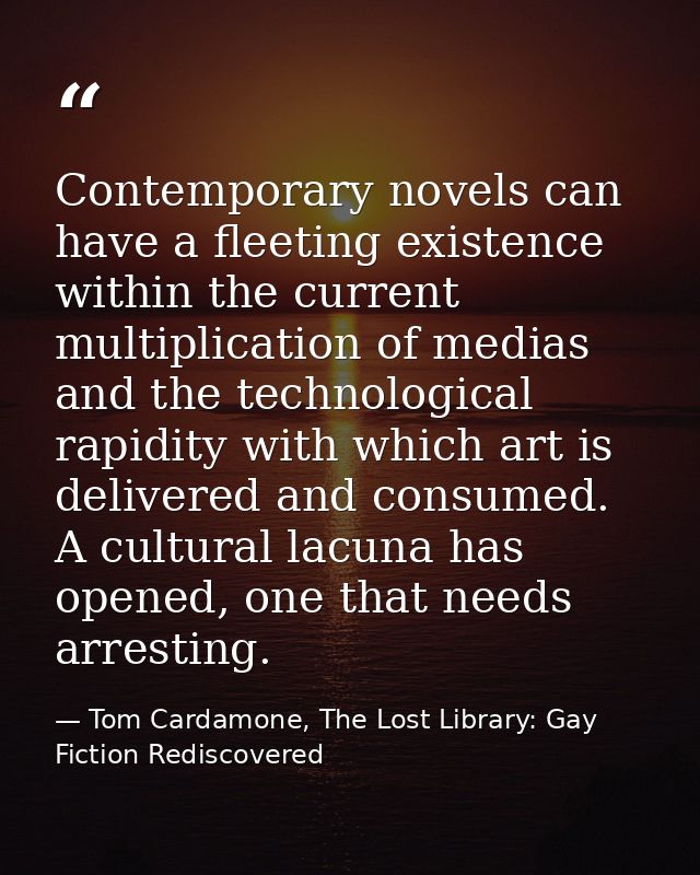 Contemporary novels can have a fleeting existence within the current multiplication of medias and the technological rapi — Tom Cardamone, The Lost Library: Gay Fiction Rediscovered