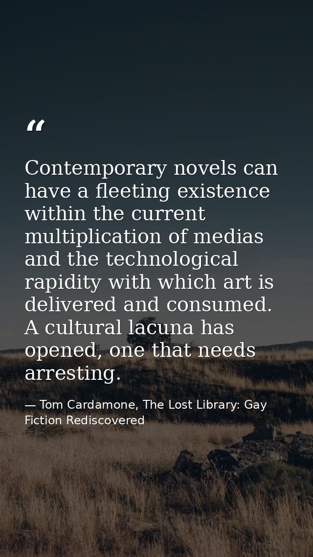 Contemporary novels can have a fleeting existence within the current multiplication of medias and the technological rapi — Tom Cardamone, The Lost Library: Gay Fiction Rediscovered