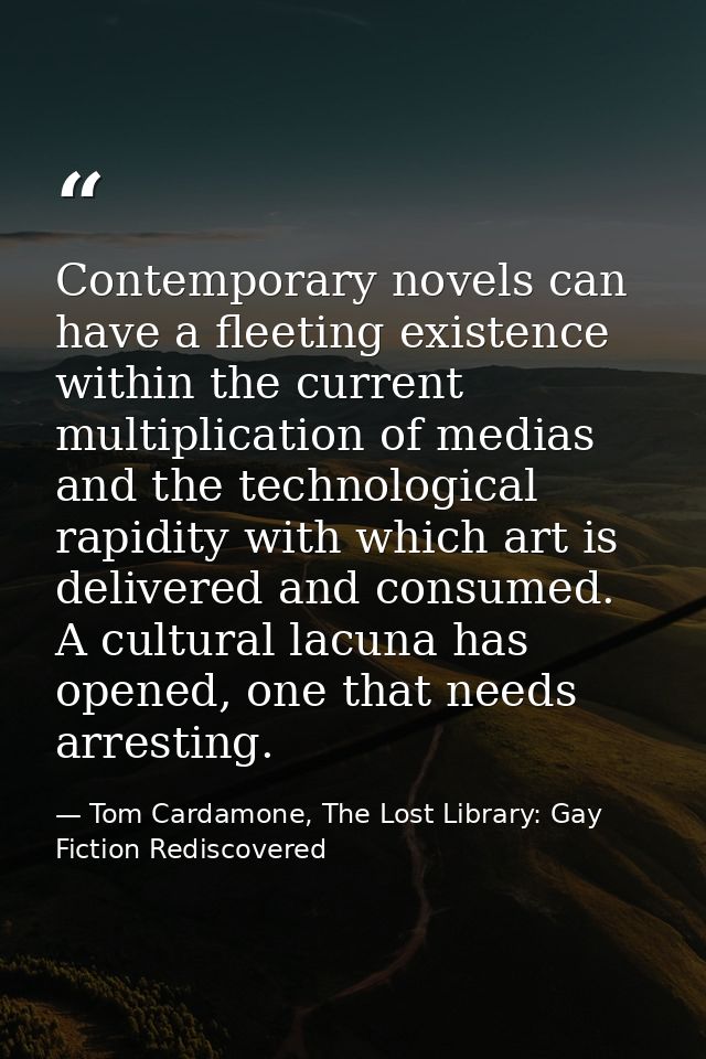 Contemporary novels can have a fleeting existence within the current multiplication of medias and the technological rapi — Tom Cardamone, The Lost Library: Gay Fiction Rediscovered