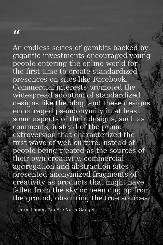 An endless series of gambits backed by gigantic investments encouraged young people entering the online world for the fi — Jaron Lanier, You Are Not a Gadget
