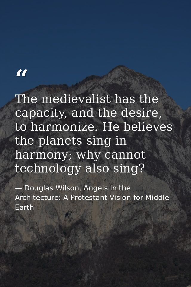 The medievalist has the capacity, and the desire, to harmonize. He believes the planets sing in harmony; why cannot tech — Douglas Wilson, Angels in the Architecture: A Protestant Vision for Middle Earth