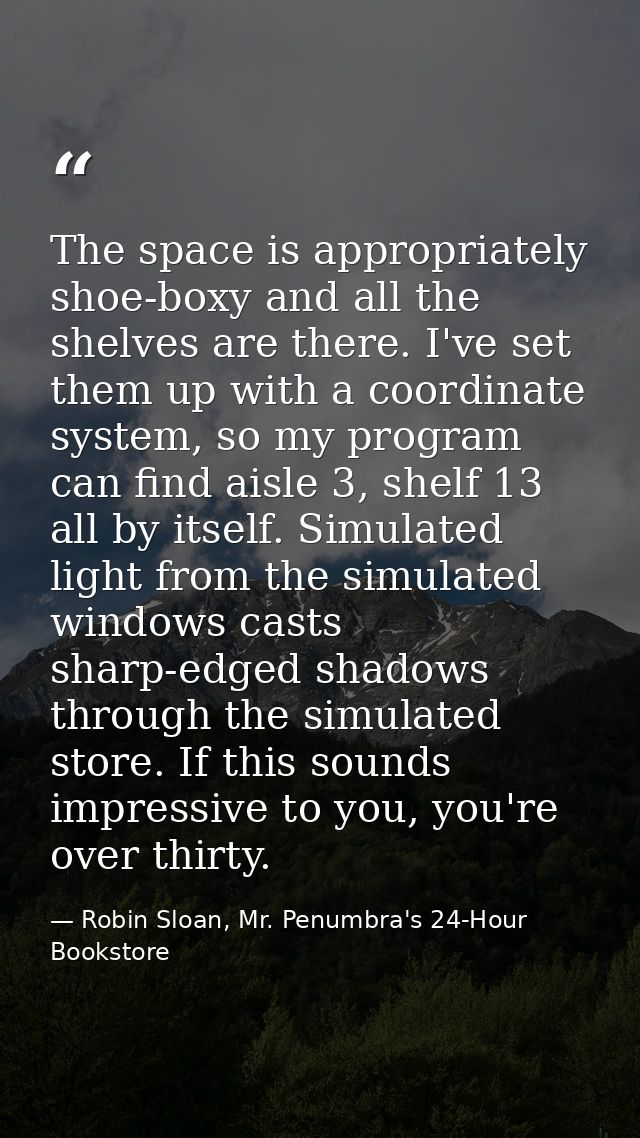 The space is appropriately shoe-boxy and all the shelves are there. I've set them up with a coordinate system, so my pro — Robin Sloan, Mr. Penumbra's 24-Hour Bookstore