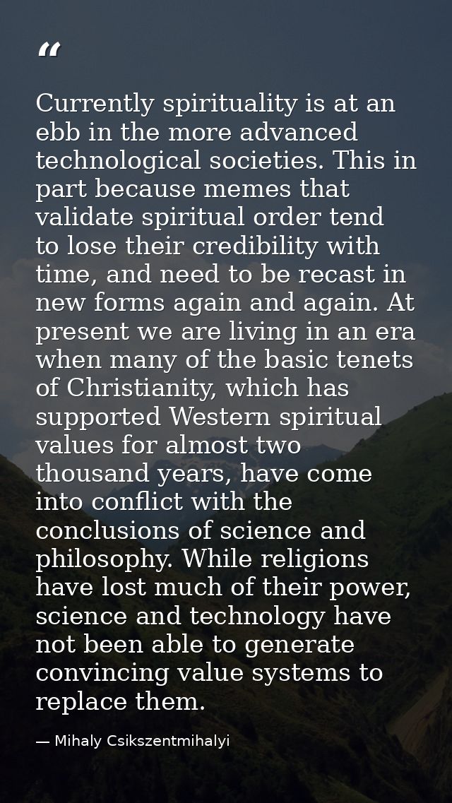 Currently spirituality is at an ebb in the more advanced technological societies. This in part because memes that valida — Mihaly Csikszentmihalyi