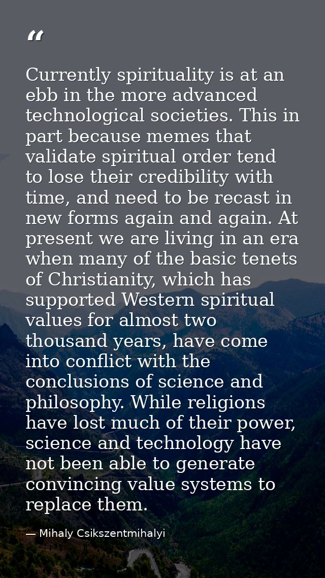 Currently spirituality is at an ebb in the more advanced technological societies. This in part because memes that valida — Mihaly Csikszentmihalyi